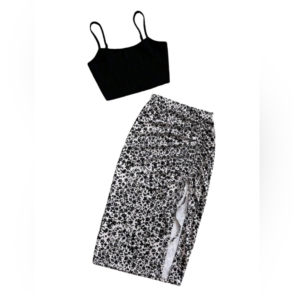 SHEIN | Floral Ruched Slit Skirt & Crop Top Set | Matching Summer Outfit